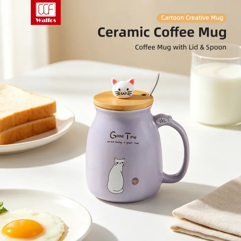 Walfos 450ml Ceramic Cat Mug with Lid & Spoon